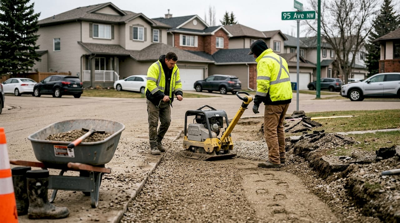 Workers compacting gravel sidewalk base Edmonton