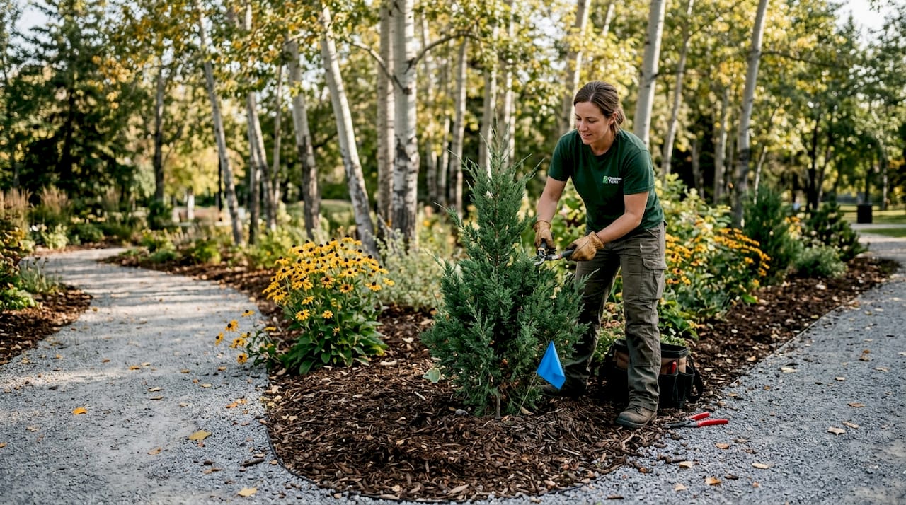 Worker trimming native plants in mulch bed