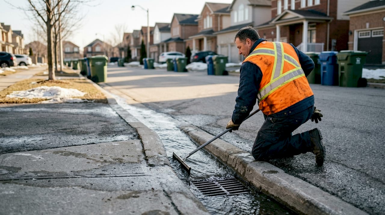 Worker managing water drainage at curb
