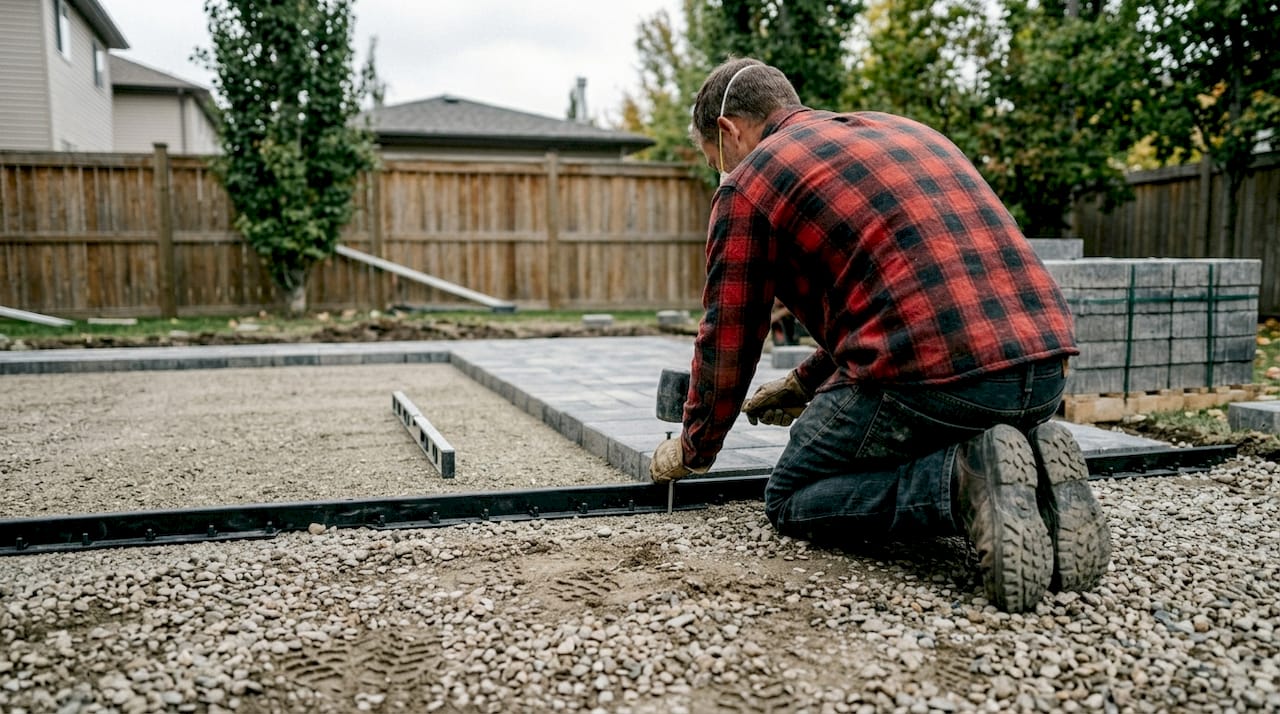 Worker installing paver patio edge restraints