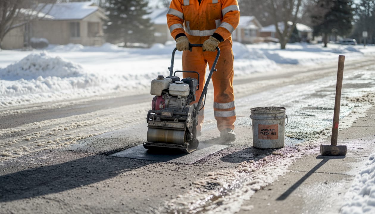 Worker repairing pothole with compactor and patch mix