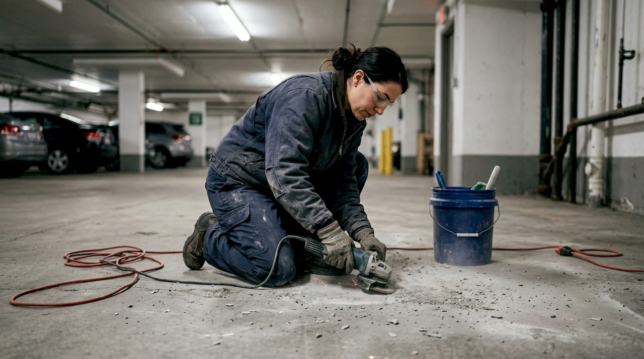 Technician grinding concrete surface in garage