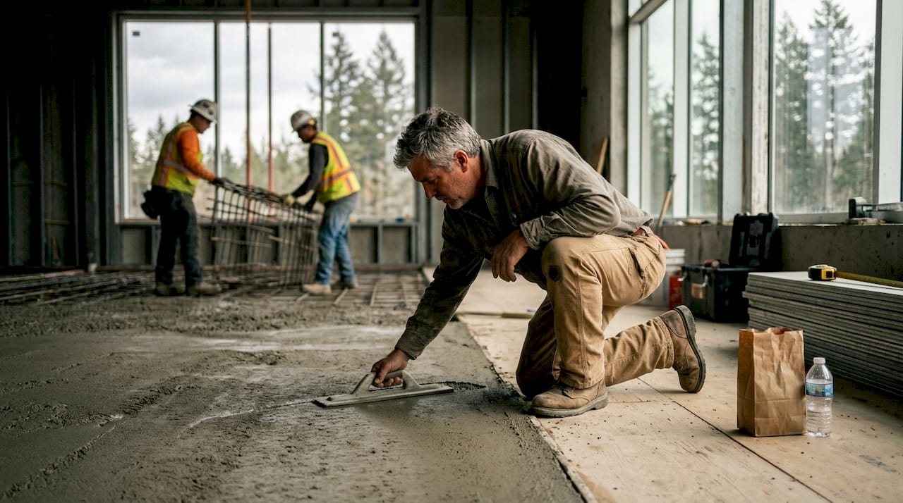 Worker smoothing normal weight concrete on jobsite