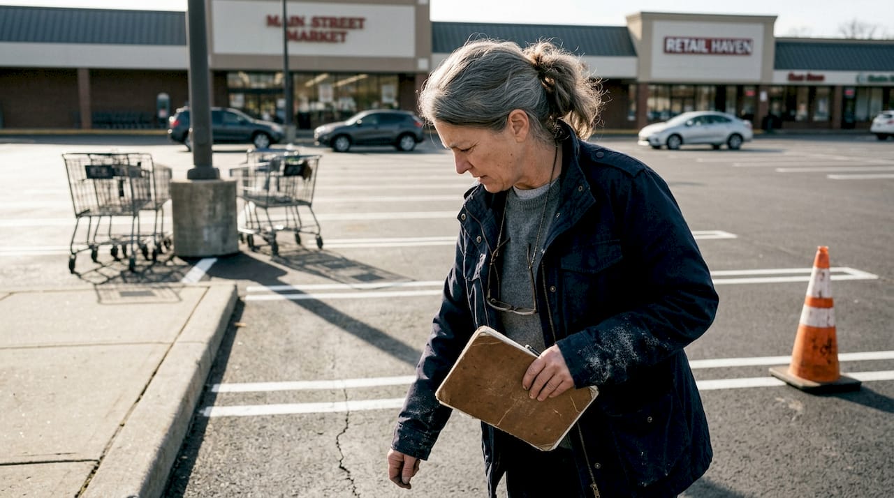 Manager inspecting paved lot for cracks