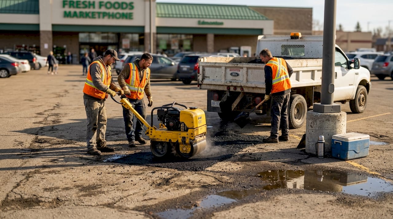 Crew repairing asphalt pothole in parking lot