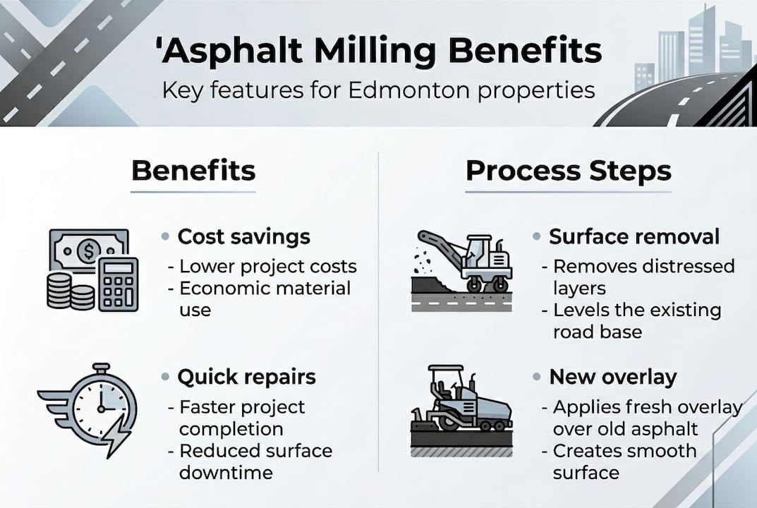Infographic showing asphalt milling benefits and steps