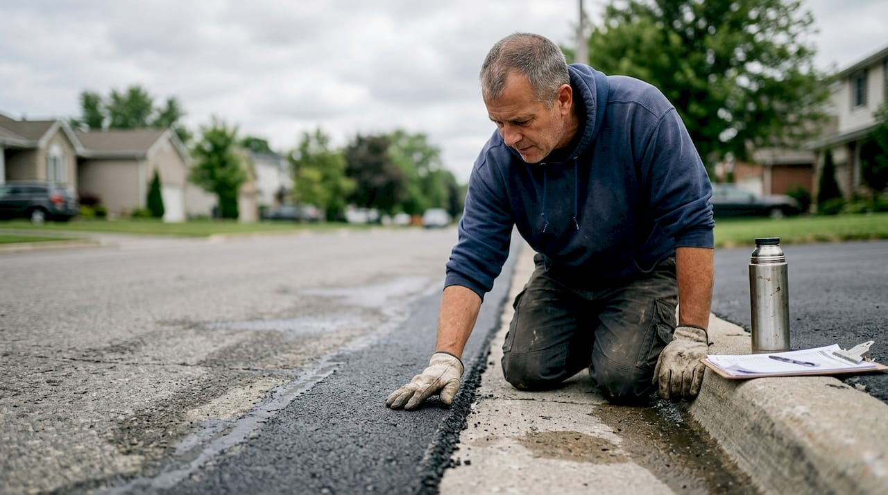 Contractor inspecting asphalt joint for quality