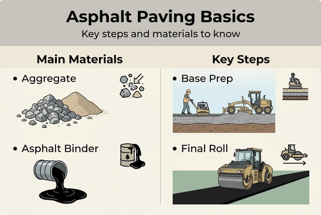 Infographic outlining asphalt paving steps and materials