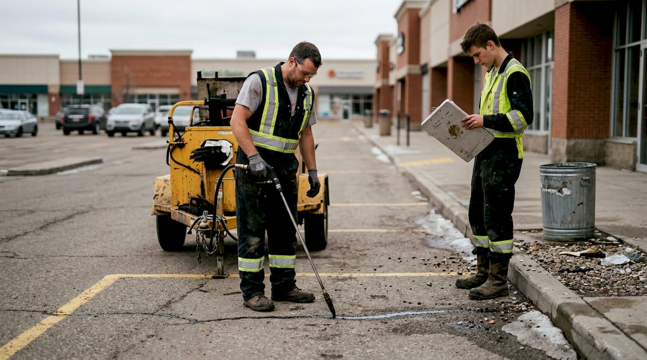Crew performing asphalt crack filling in parking lot