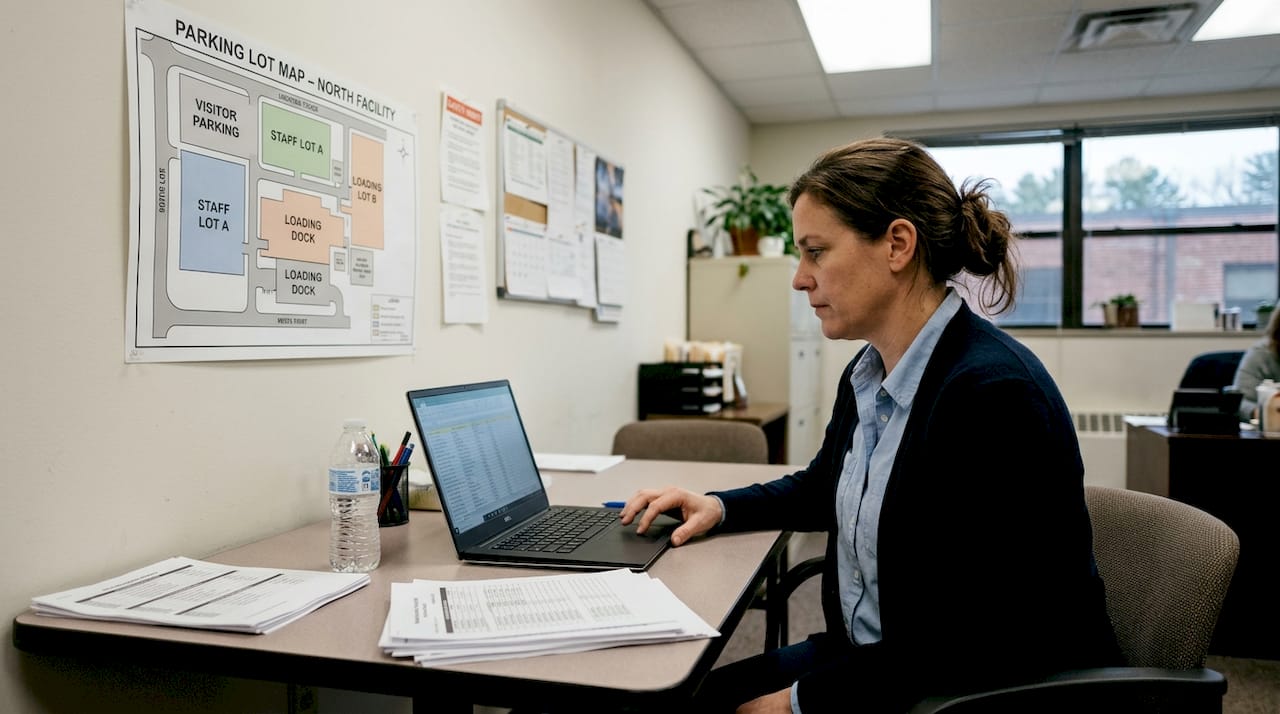 Facility manager updating parking lot maintenance plan