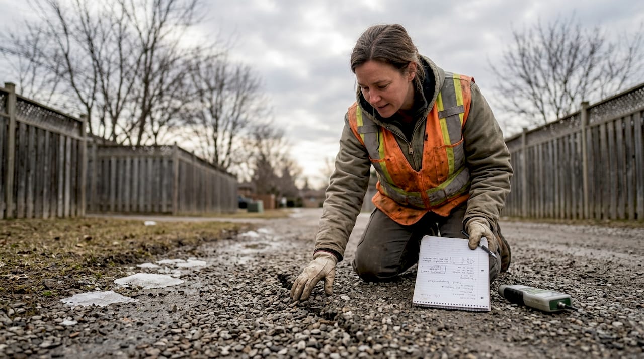 Supervisor inspecting base for freeze-thaw damage