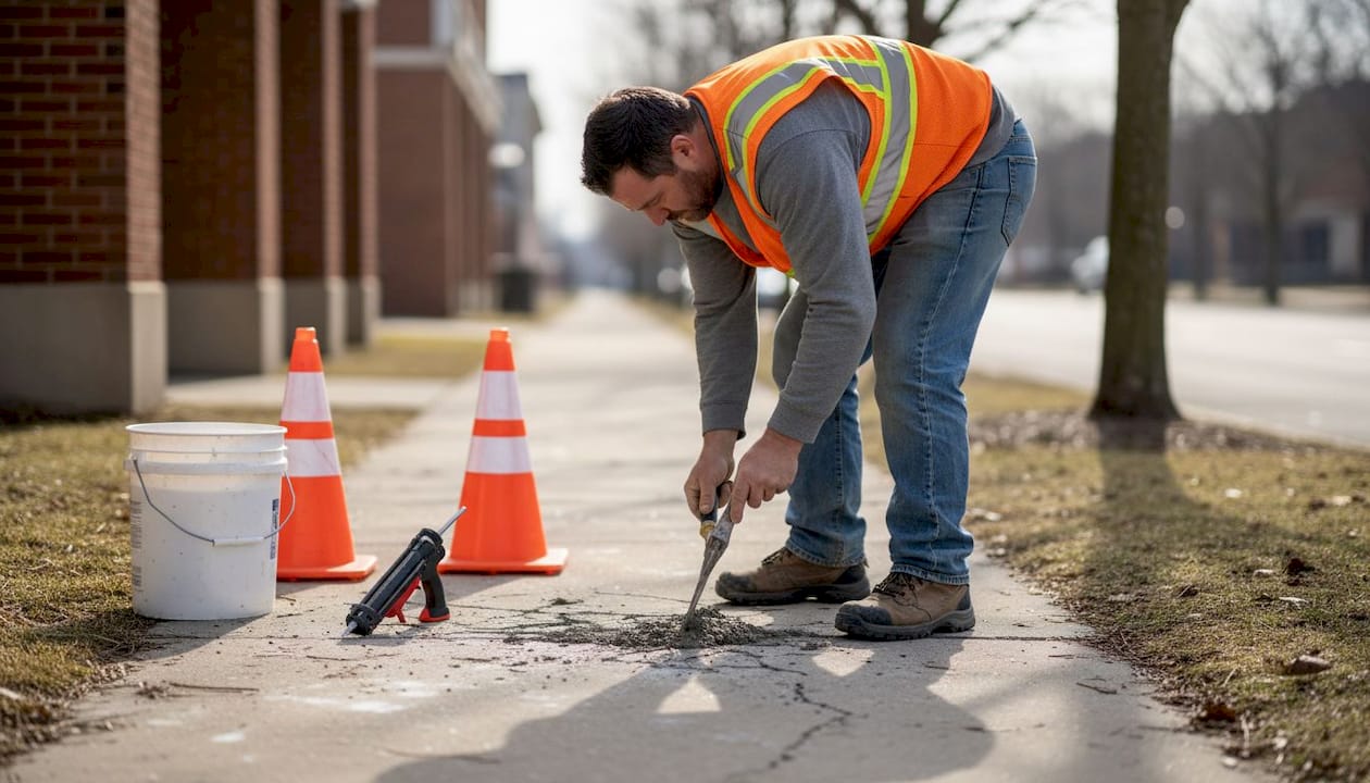 Worker patching cracked sidewalk for repair