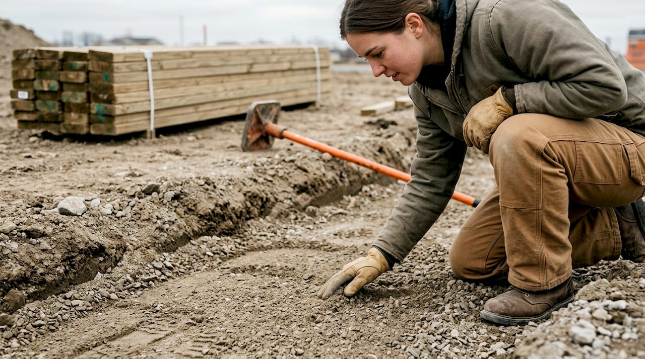 Worker checks base layer during site prep