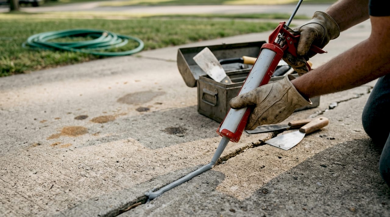 Hands repairing concrete crack with sealant