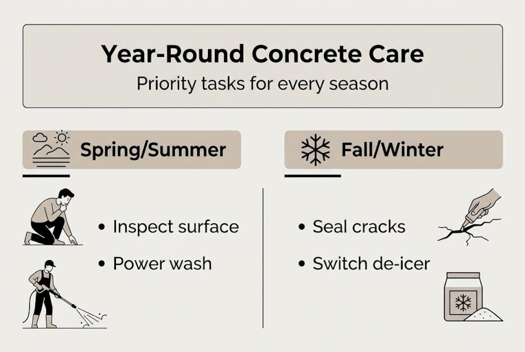 Infographic showing year-round concrete care tasks