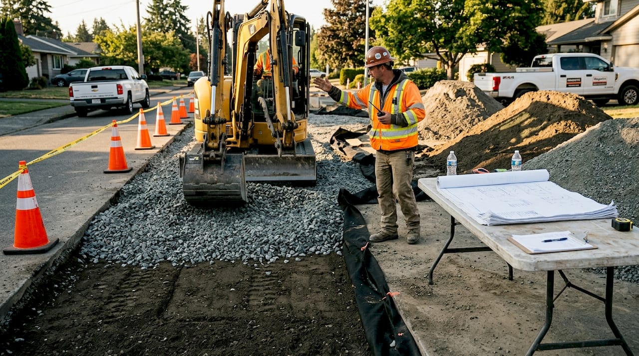 Foreman oversees crushed rock installation on job site