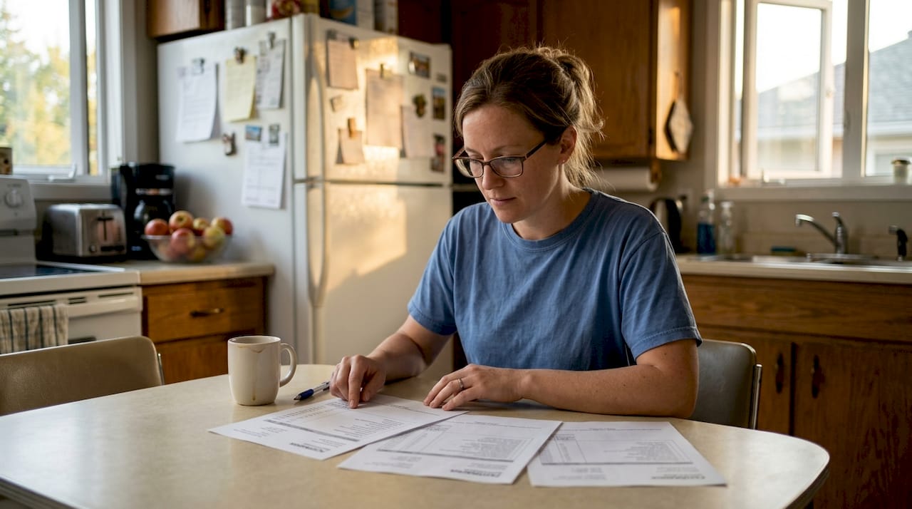Homeowner reviewing paving estimates at kitchen table