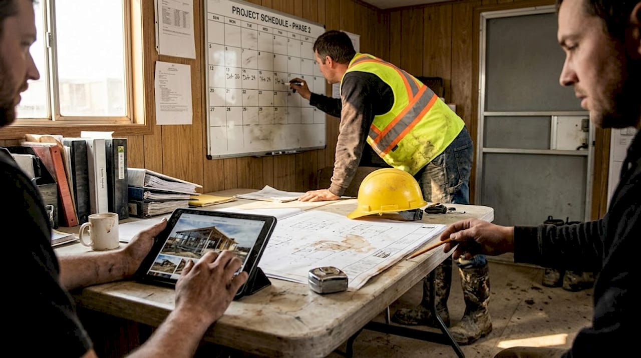 Contractor team discussing project plans onsite