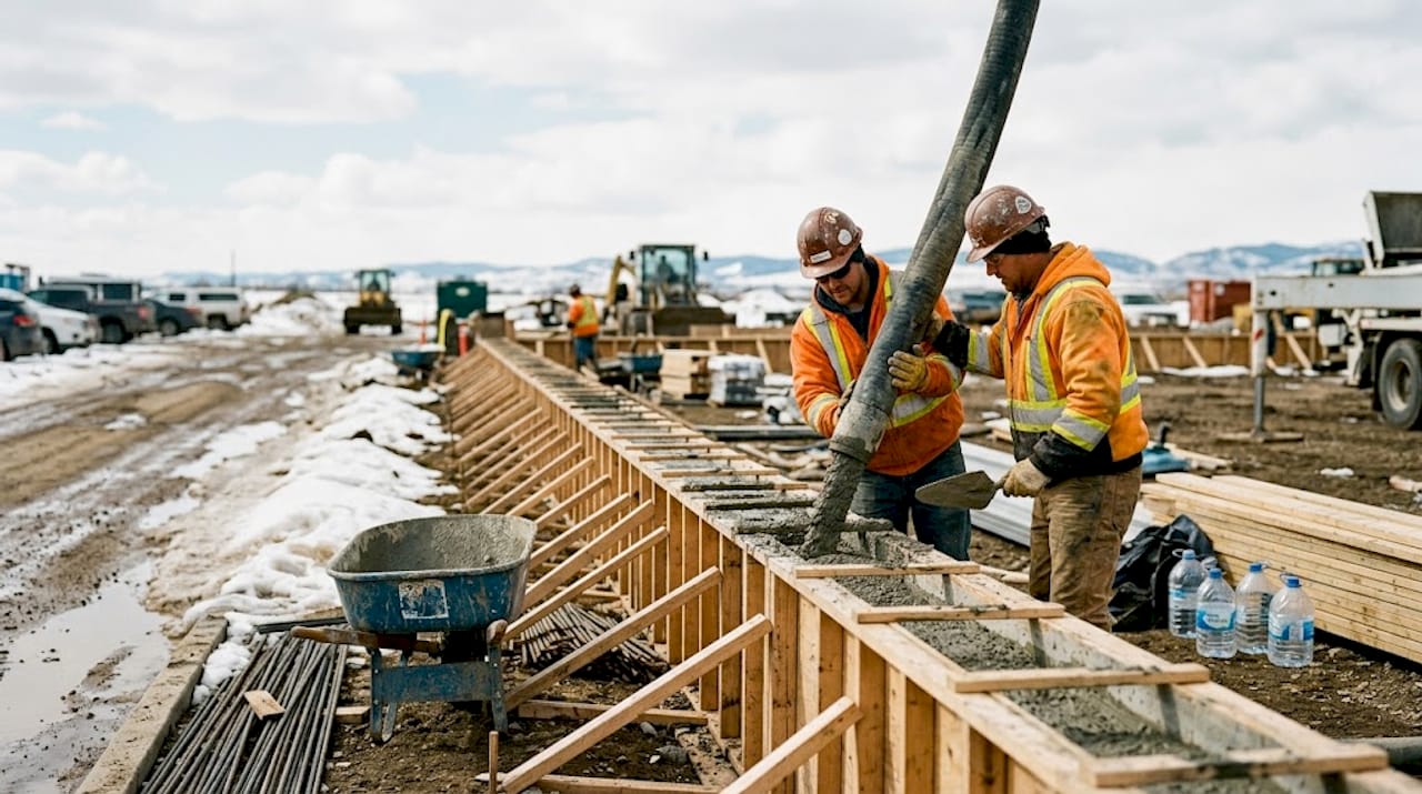 Workers pouring concrete at active jobsite