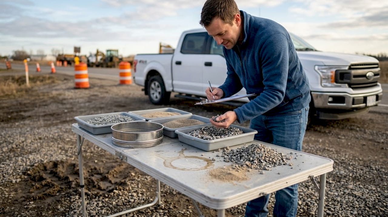 Engineer analyzing aggregate samples for road