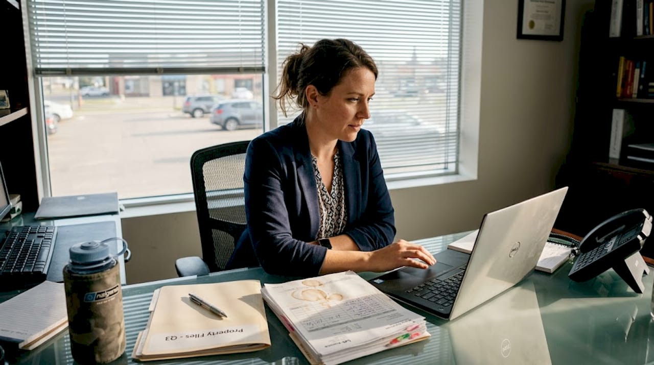 Property manager reviewing paving maintenance logs