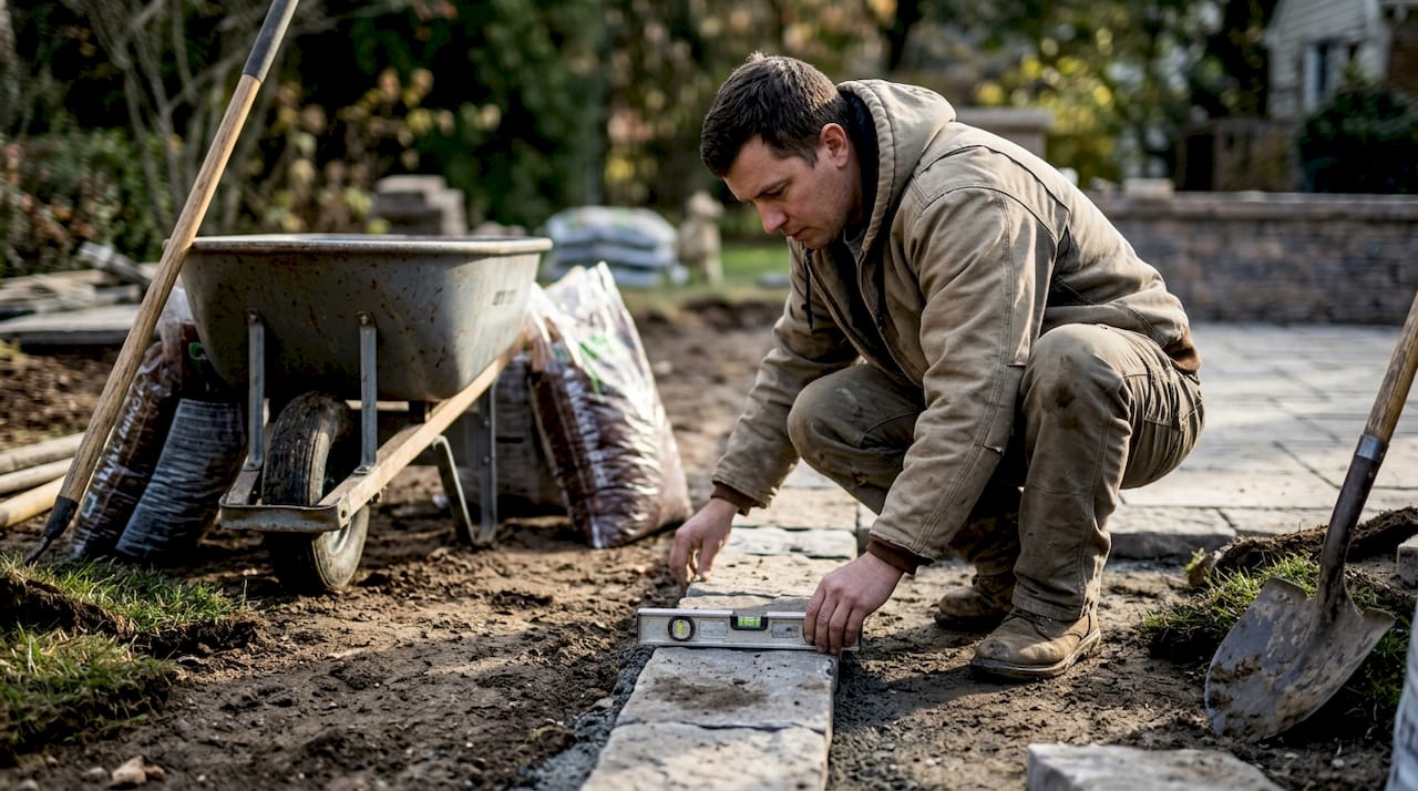 Contractor installing pavers and mulch in yard
