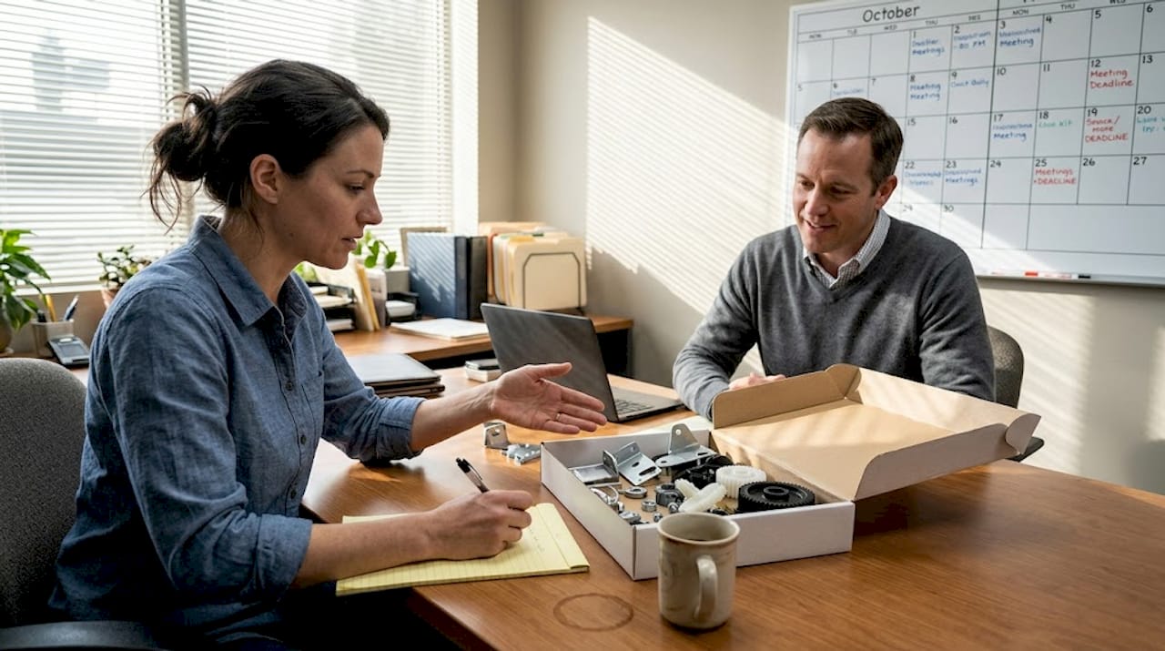 Supervisor collaborating with material supplier