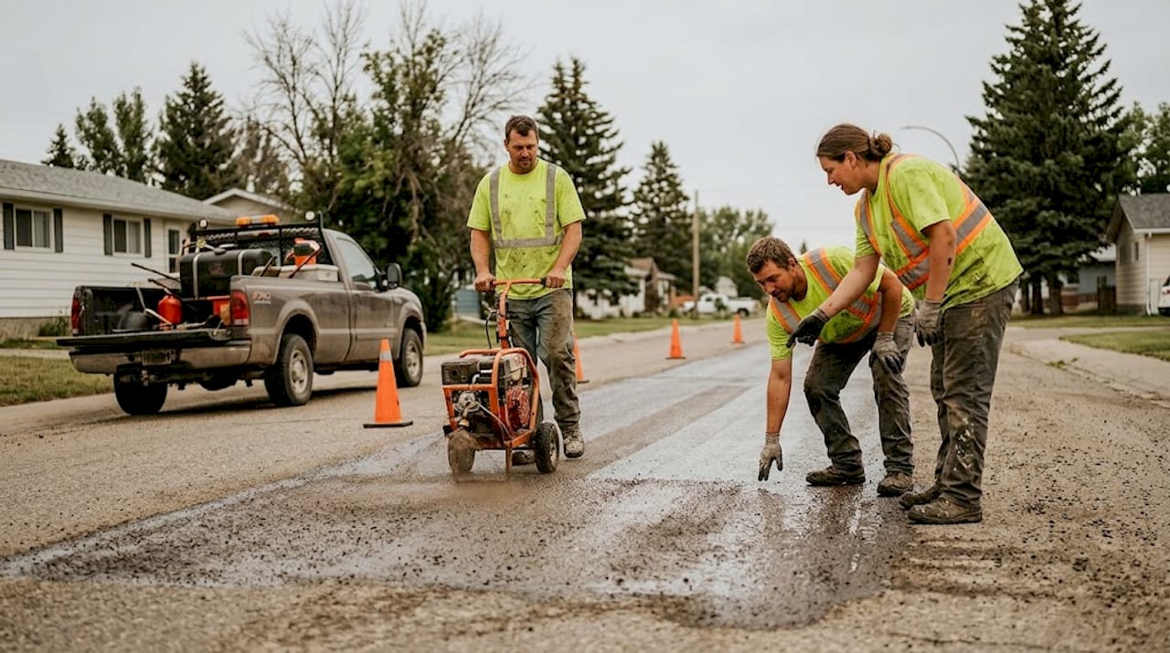 Road crew applying slurry seal to asphalt