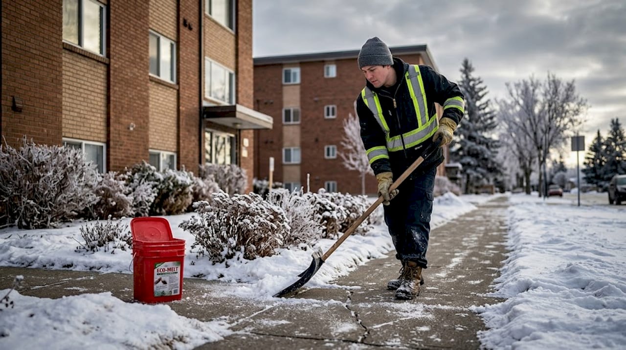Maintenance worker clearing snow on Edmonton walkway