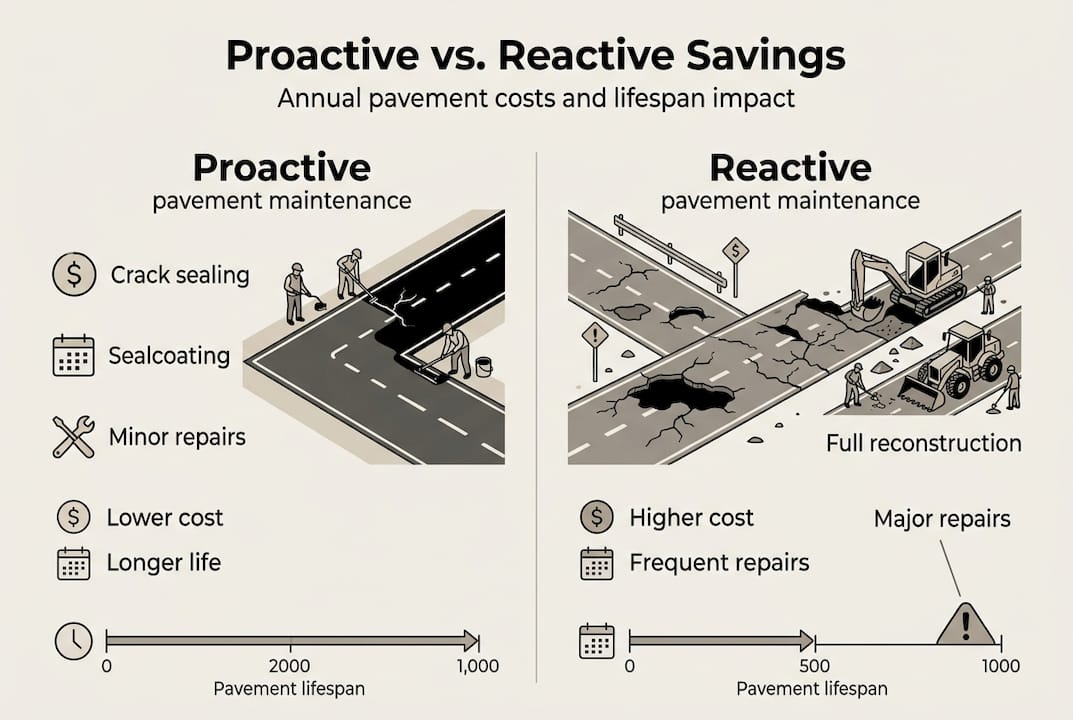 Infographic comparing proactive and reactive pavement costs