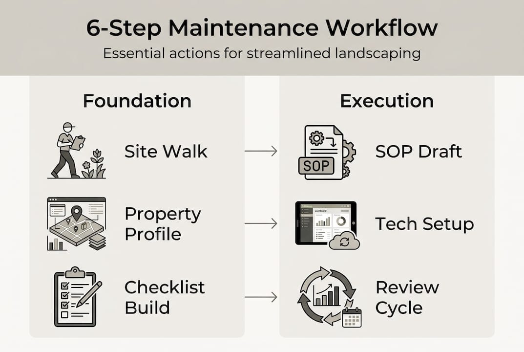 Infographic with six simple landscaping workflow steps