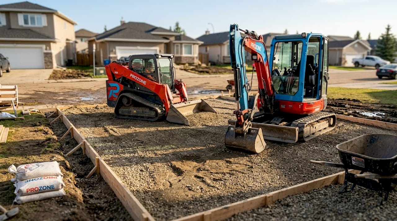 Contractors measure gravel base for driveway