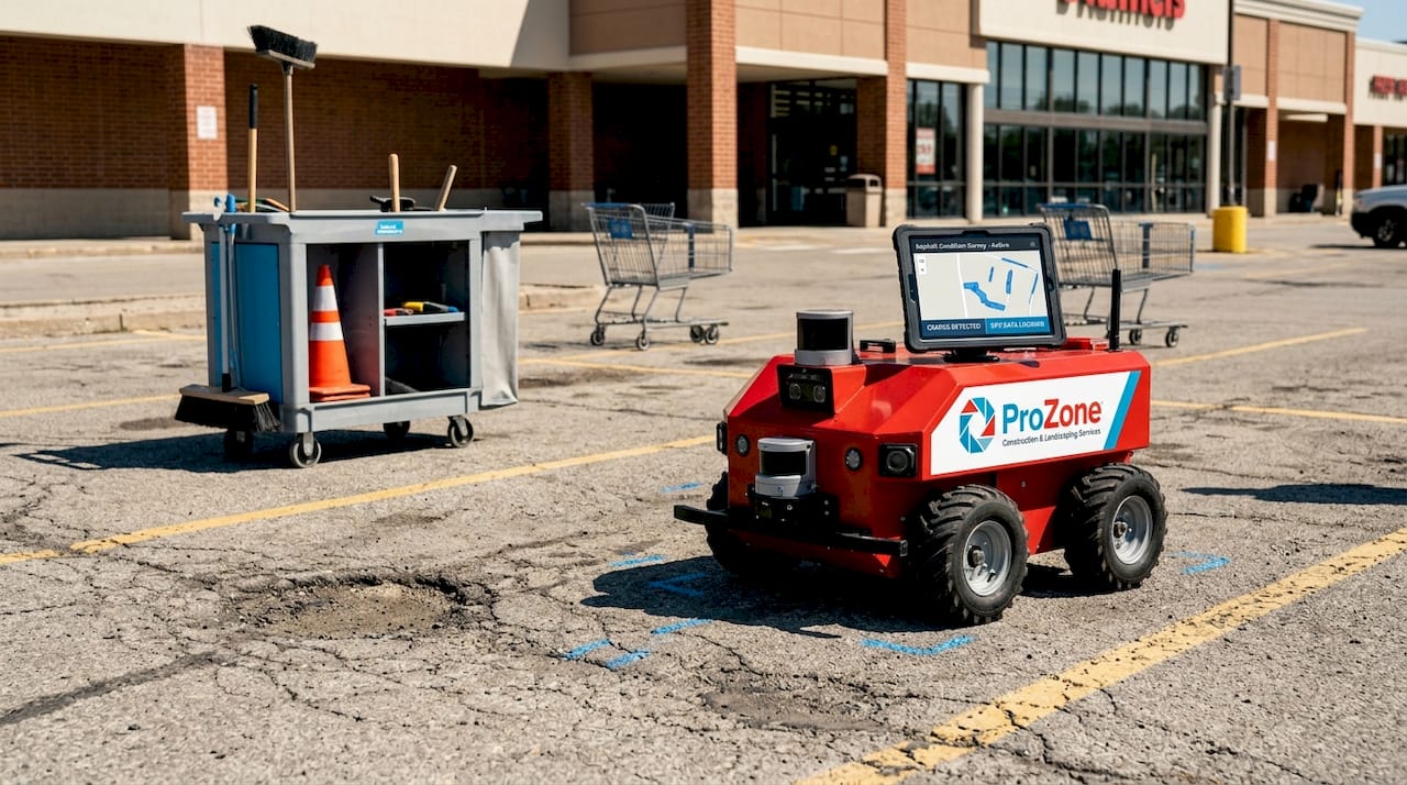 Manager inspects patched asphalt in lot