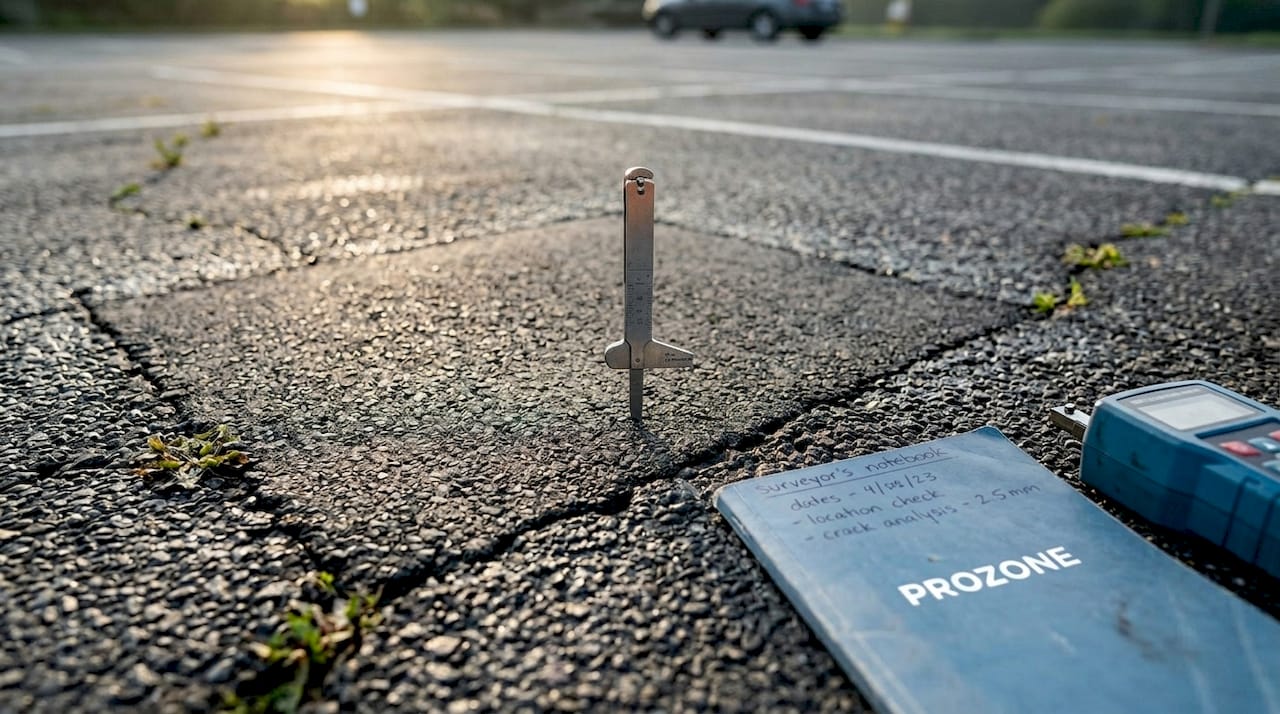 Hands using tools on cracked asphalt pavement