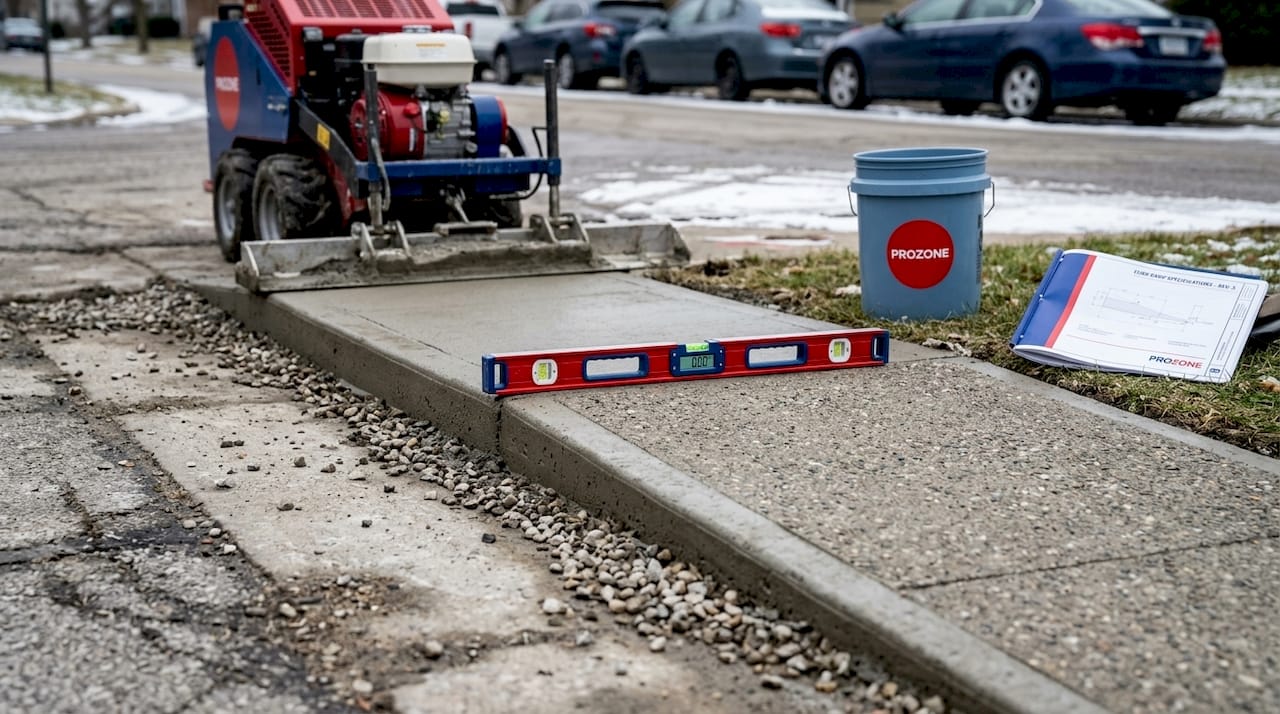 Worker checking curb ramp slope and surface