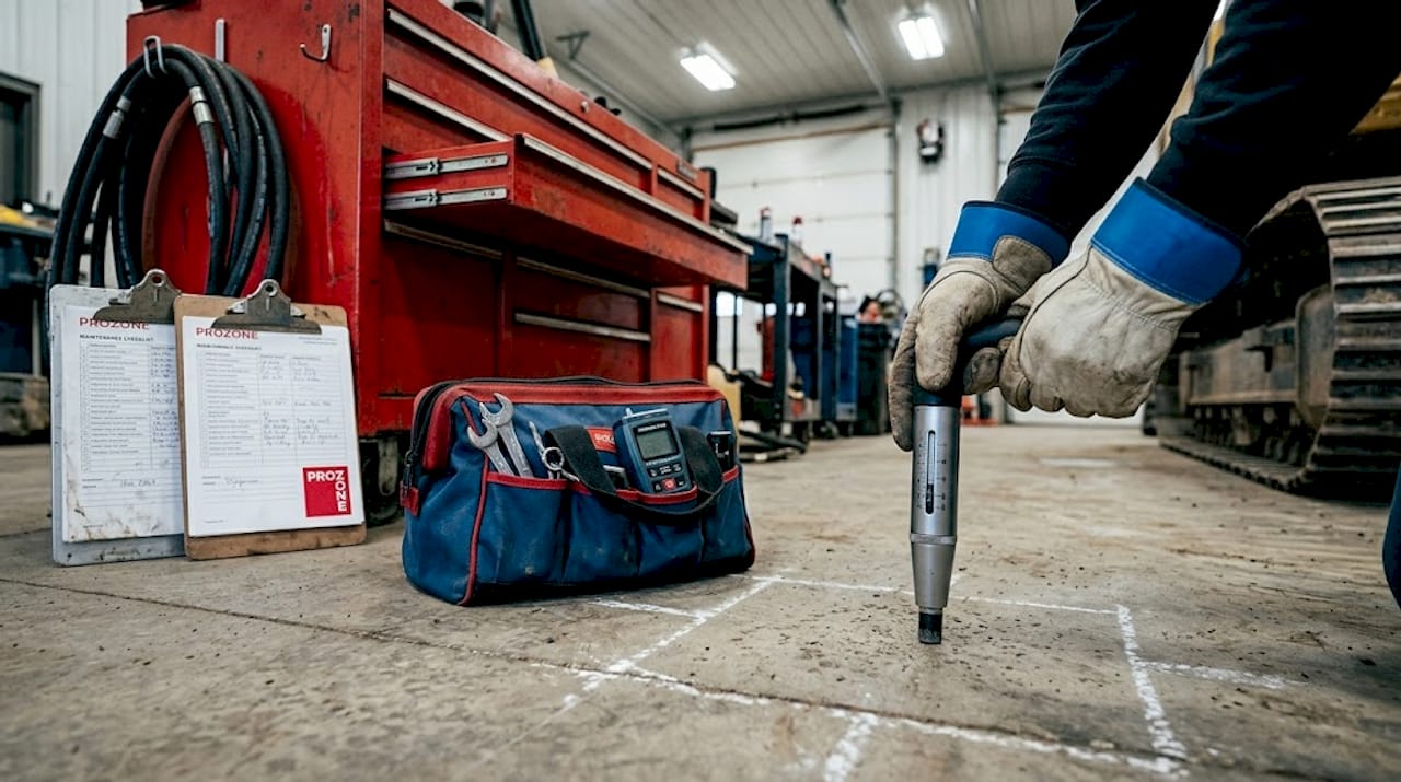 Inspector using rebound hammer on concrete slab