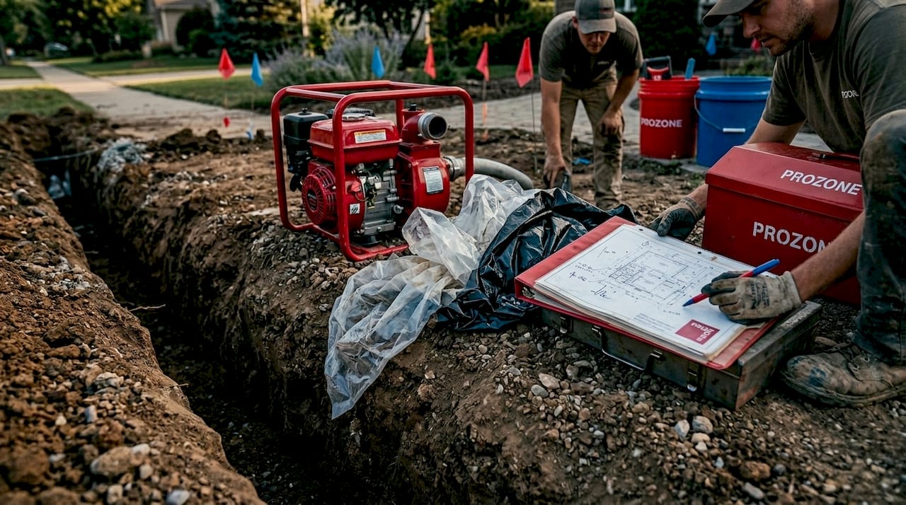 Excavation team reviewing site safety outdoors