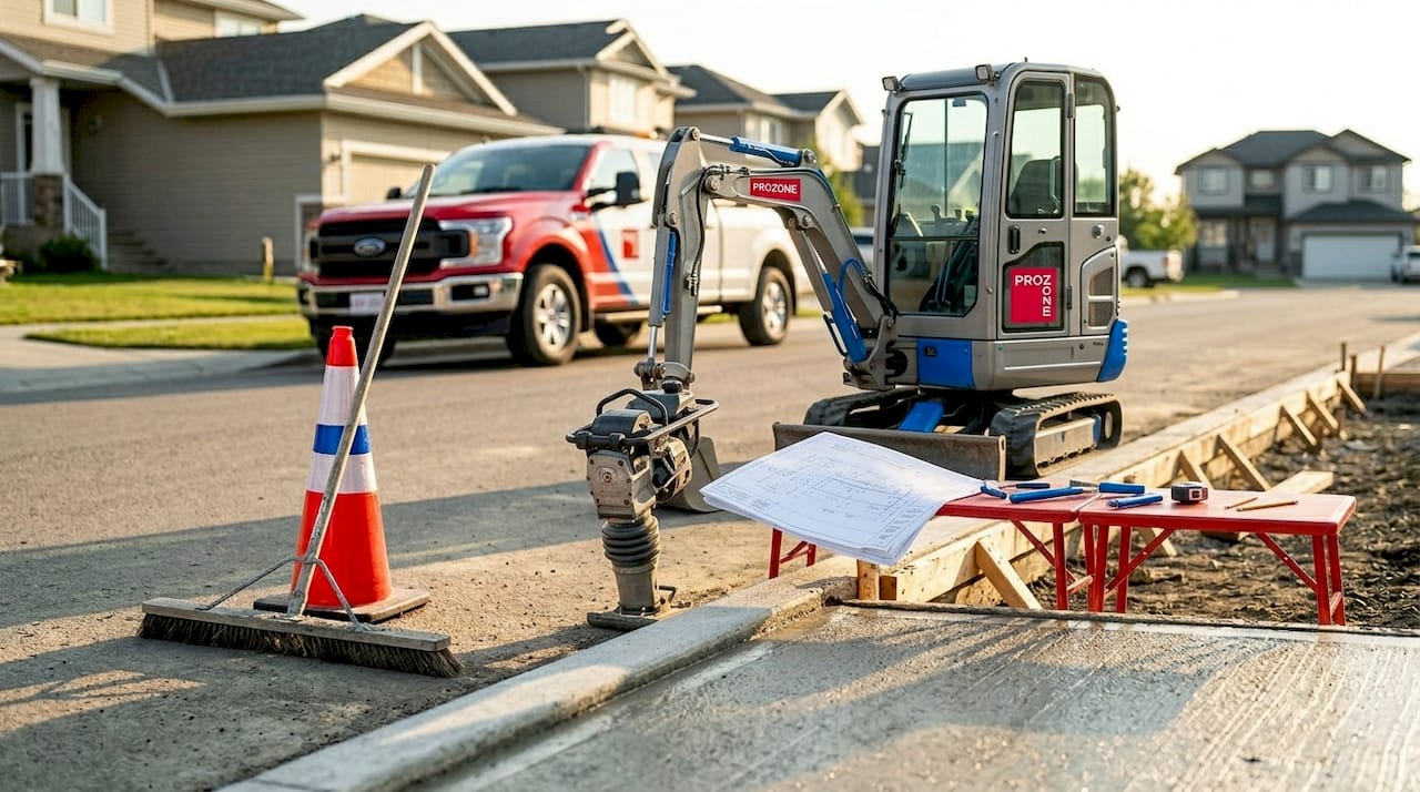 Crew reviewing curb and gutter blueprints onsite