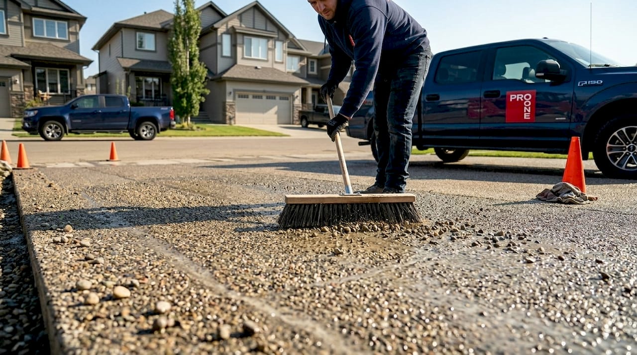 Homebuilder finishing exposed aggregate concrete driveway