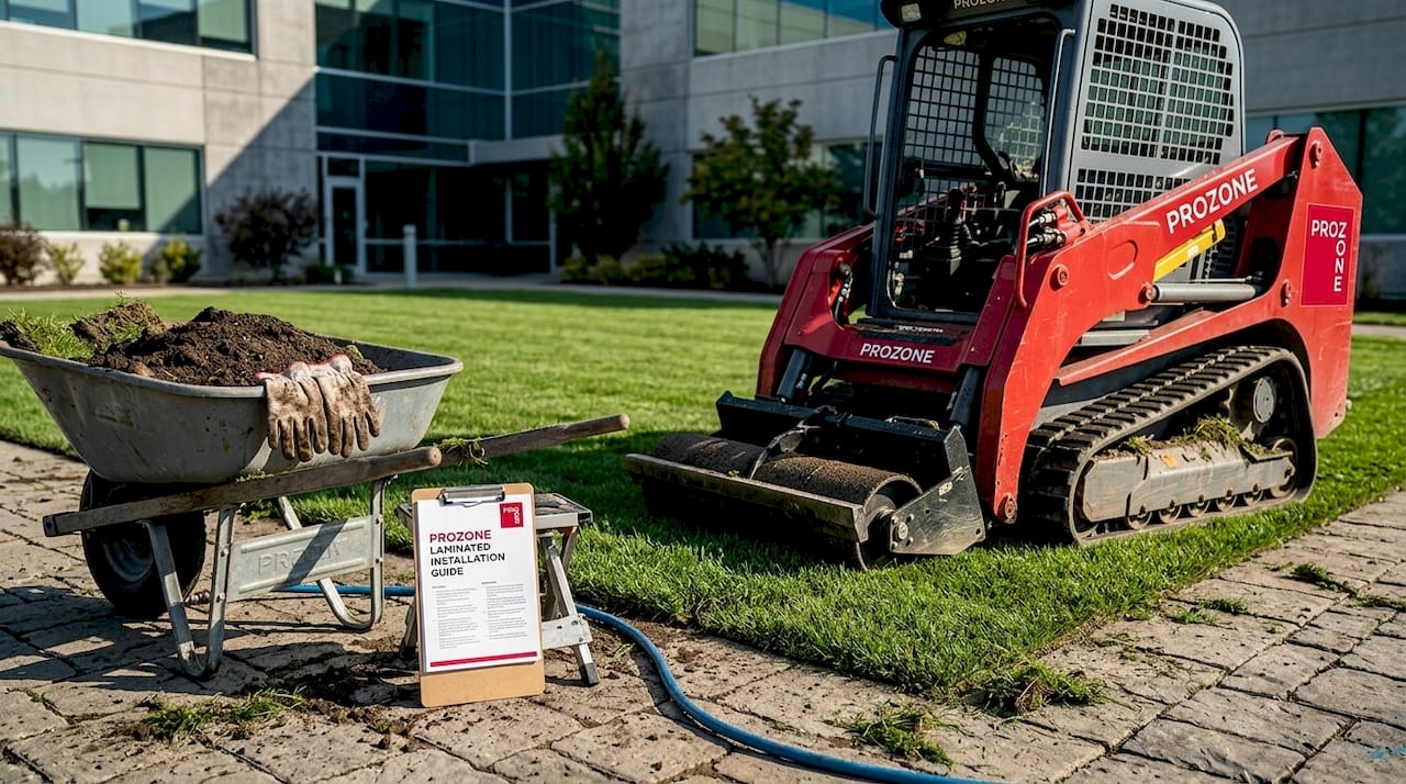 Workers installing turf near commercial building