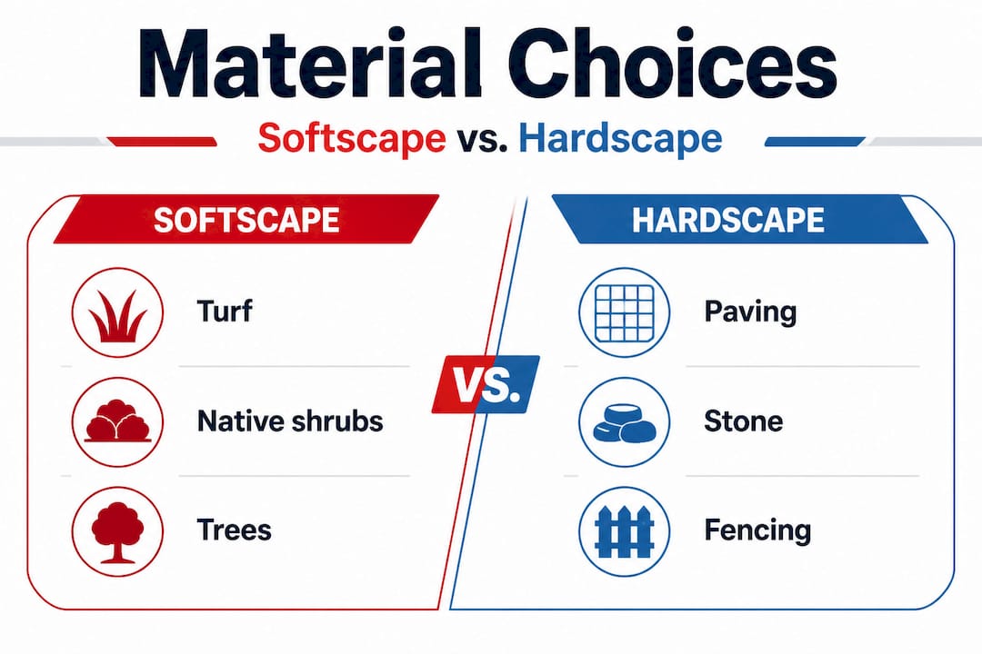 Infographic comparing softscape and hardscape materials