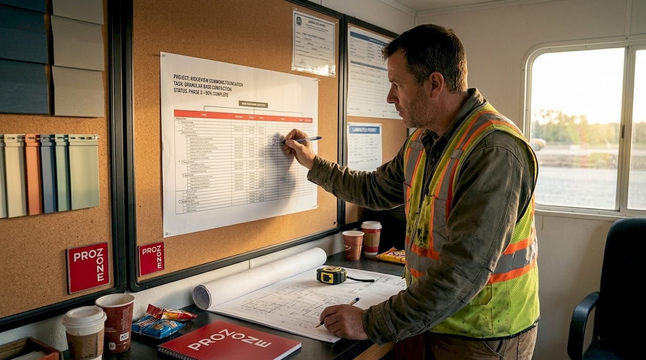 Foreman updating work breakdown chart in trailer
