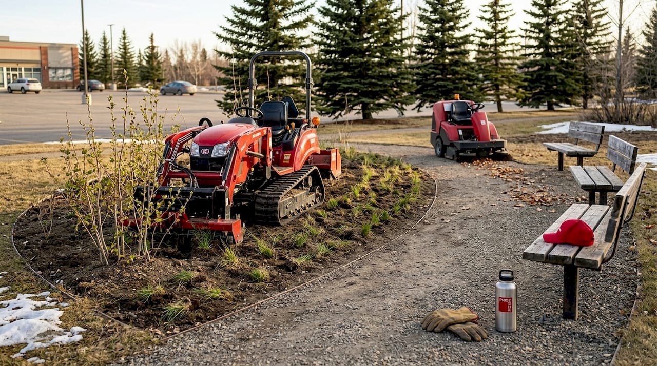 Worker planting native grasses in office landscape