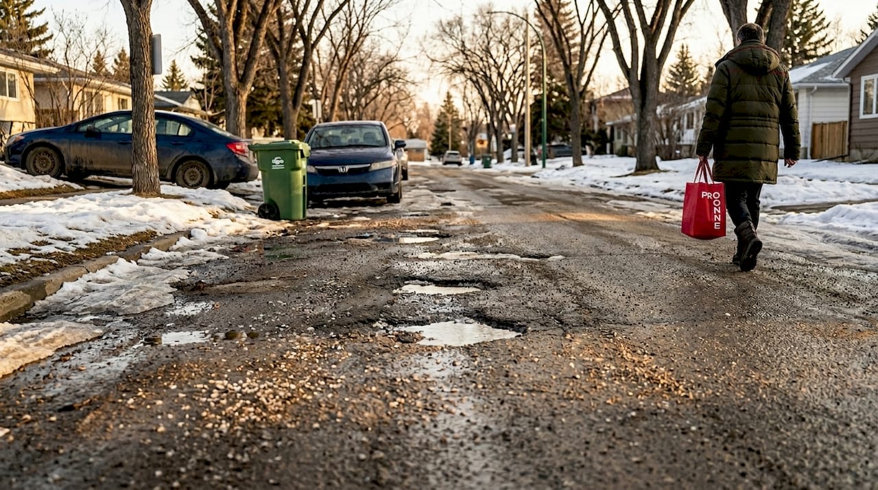 Edmonton street with winter pothole damage