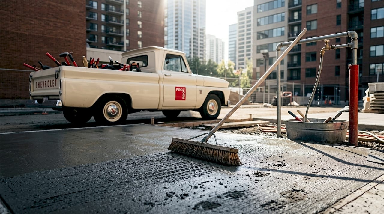 Worker broom finishing wet driveway concrete