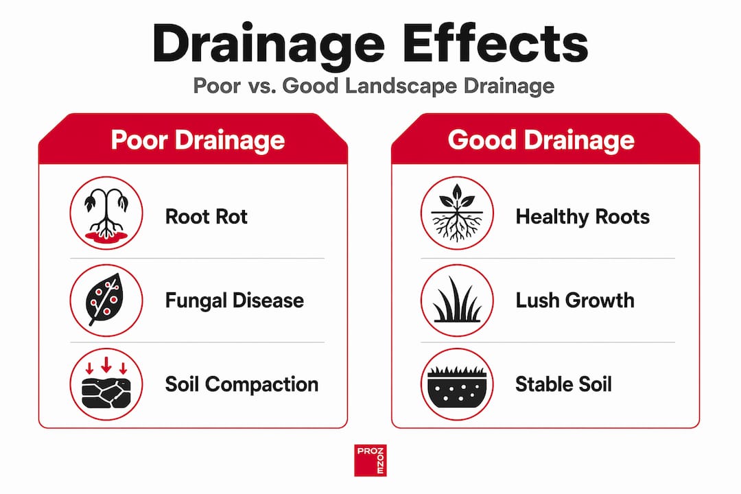 Infographic comparing poor and good landscape drainage