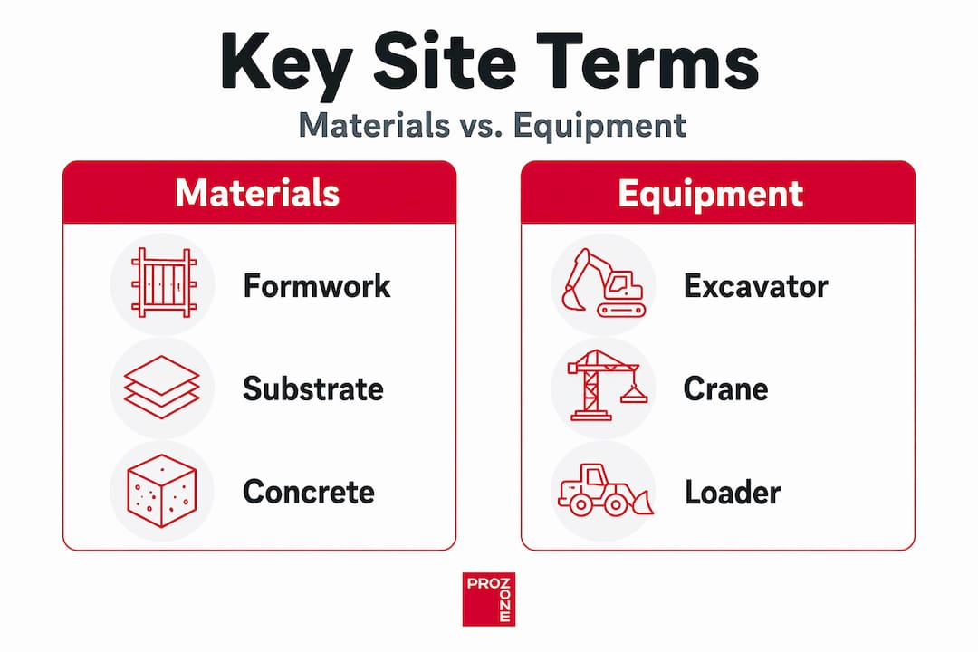 Infographic contrasting construction materials and equipment terms