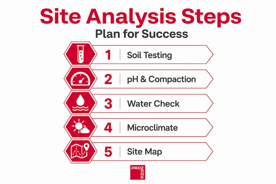 Infographic outlining steps in landscape site analysis