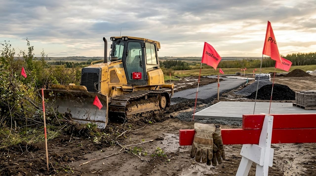 Bulldozer clearing site with debris and flags