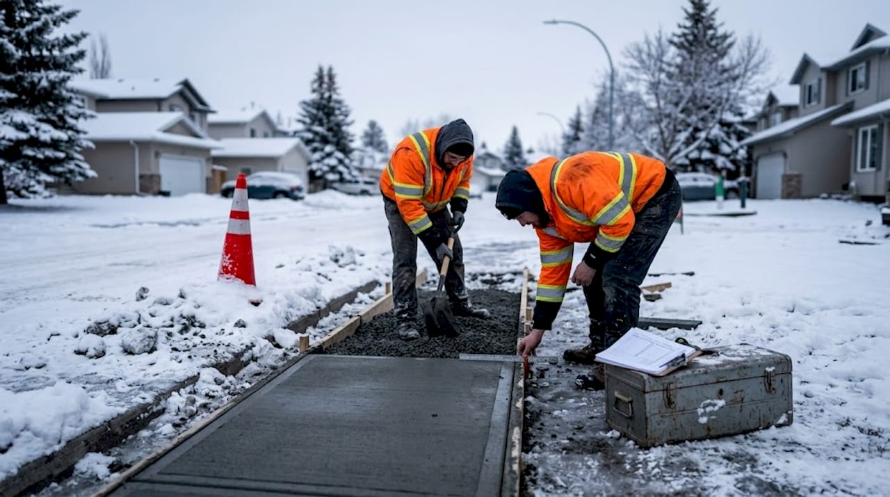 Workers constructing cold climate sidewalk